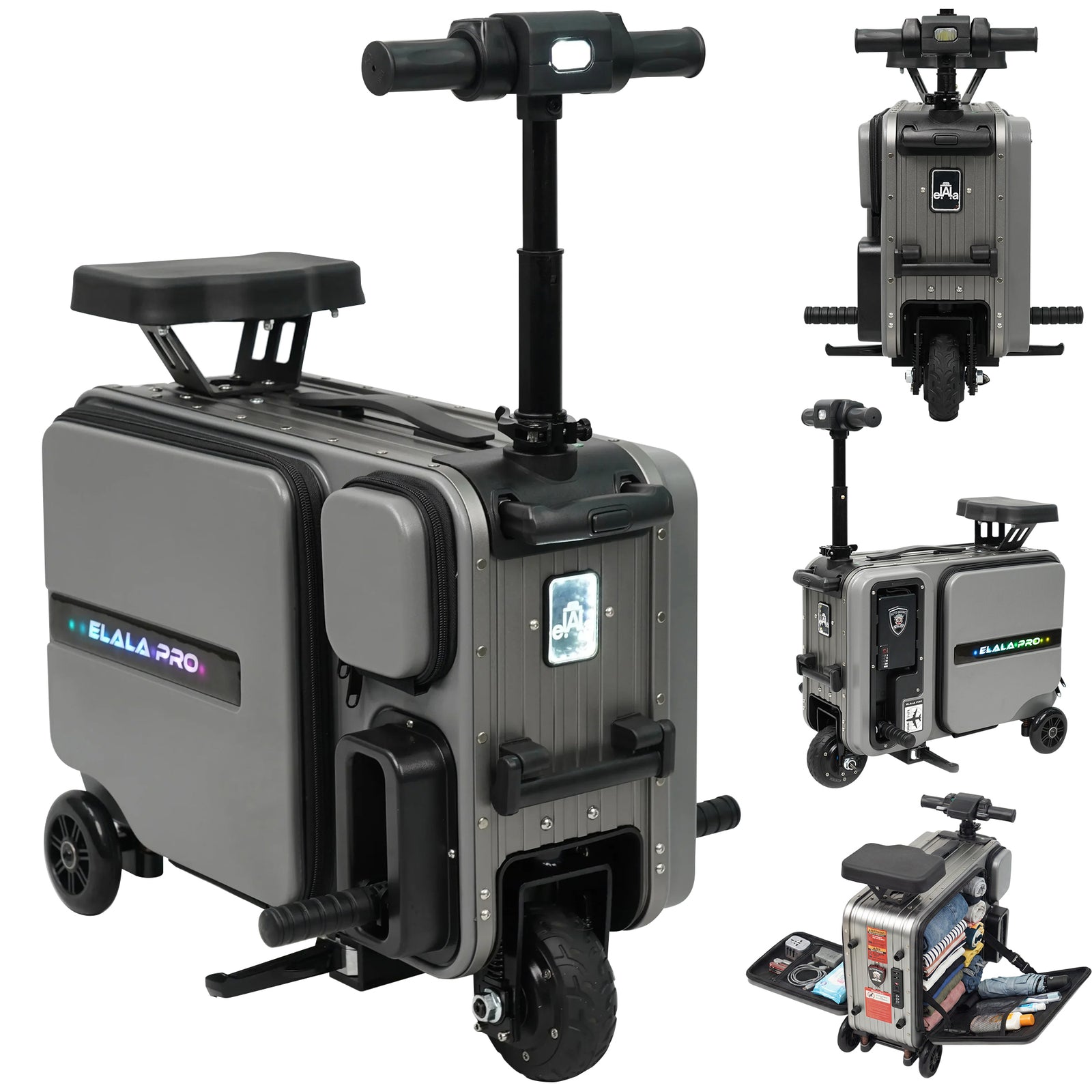 ELALA Pro rideable electric suitcase shown from multiple angles