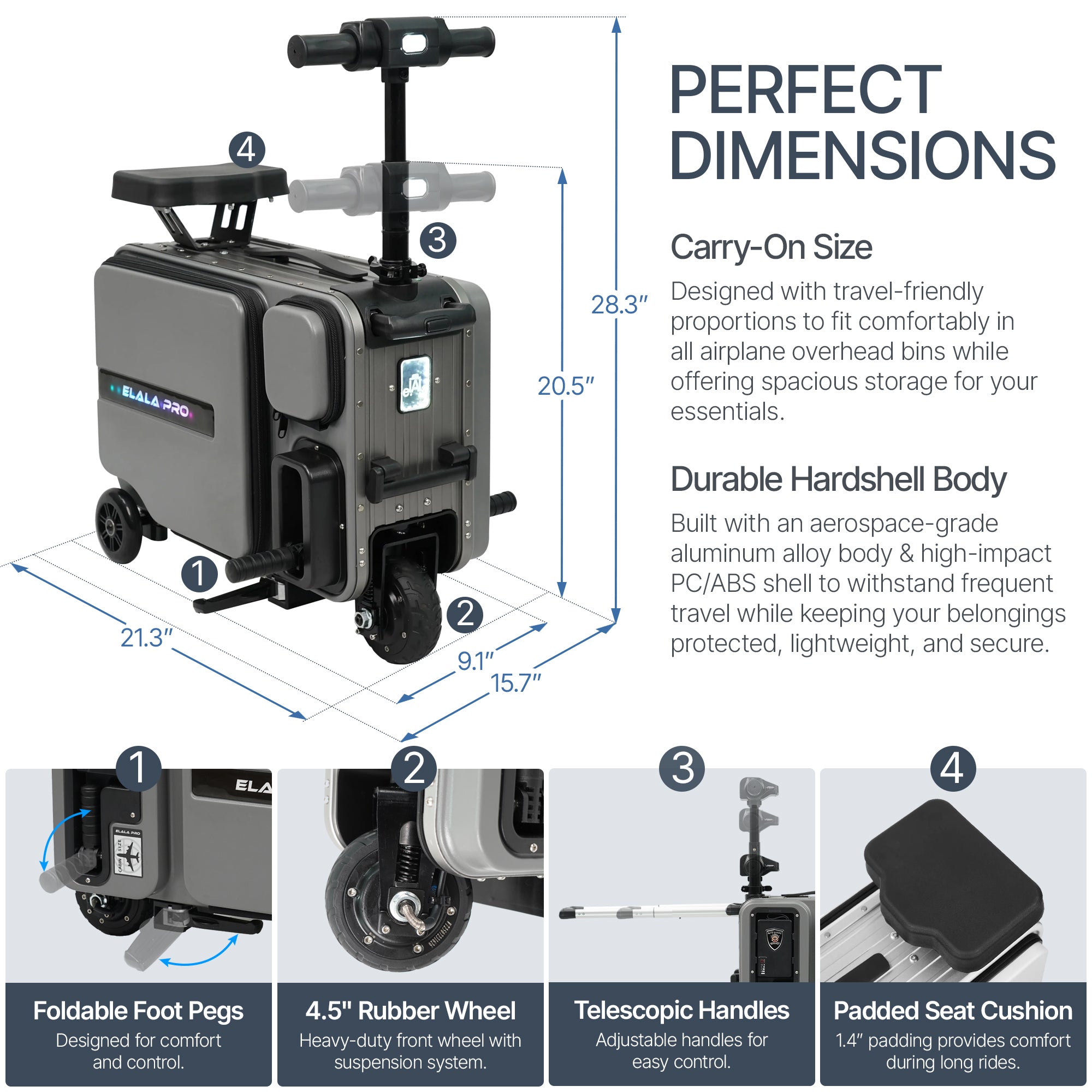 Elala Pro | Dual Suspension Rideable Suitcase | FAA & TSA Approved