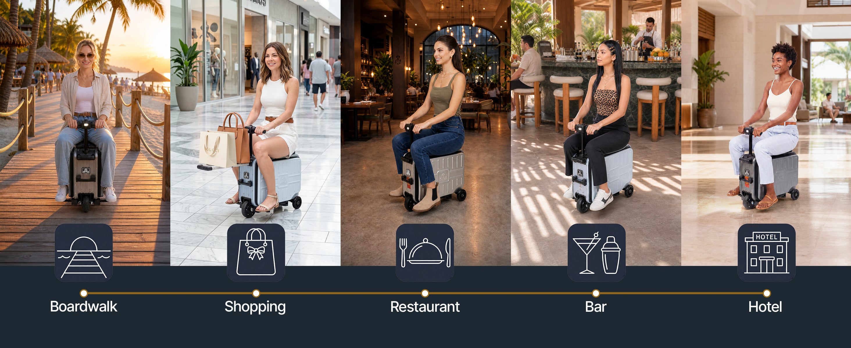 Five lifestyle scenes of women riding Elala Lite at a boardwalk, shopping mall, restaurant, bar, and hotel.