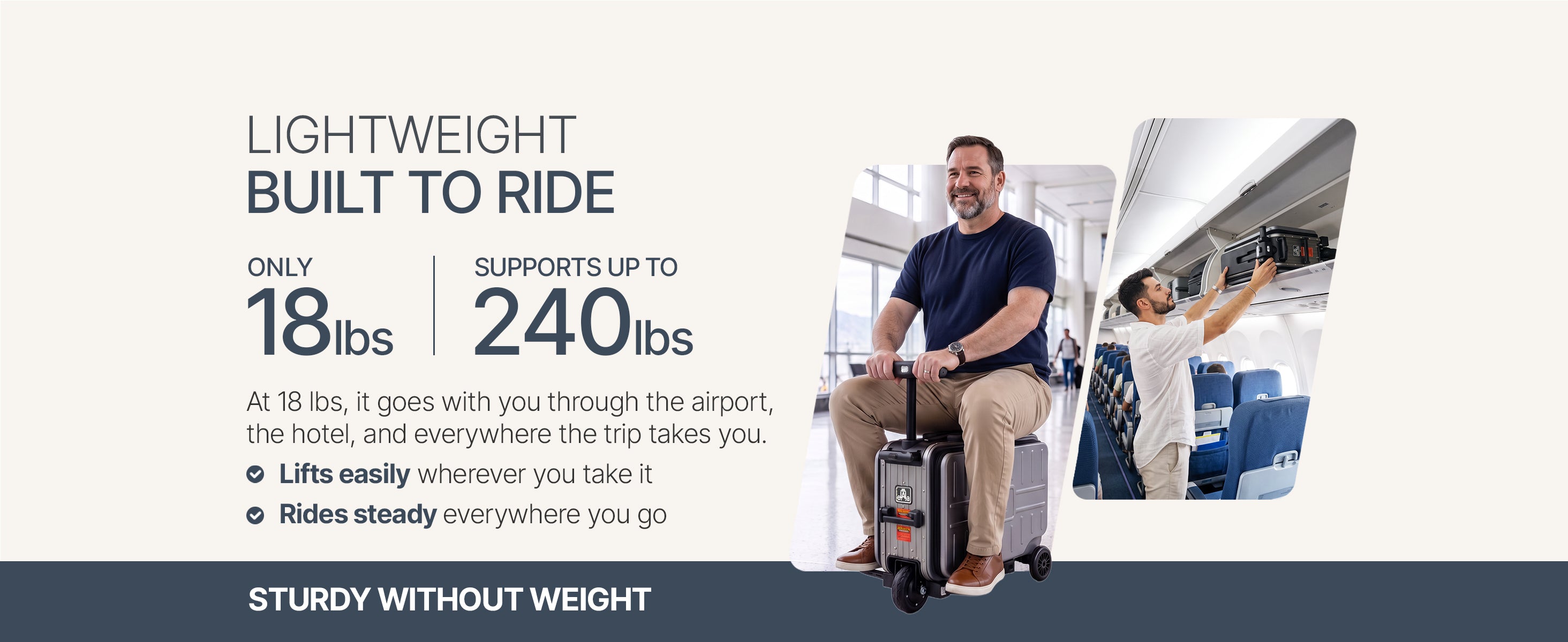 Elala Lite weighs only 18 lbs and supports up to 240 lbs. Man seated on Lite at airport alongside man loading it into an airplane overhead bin.