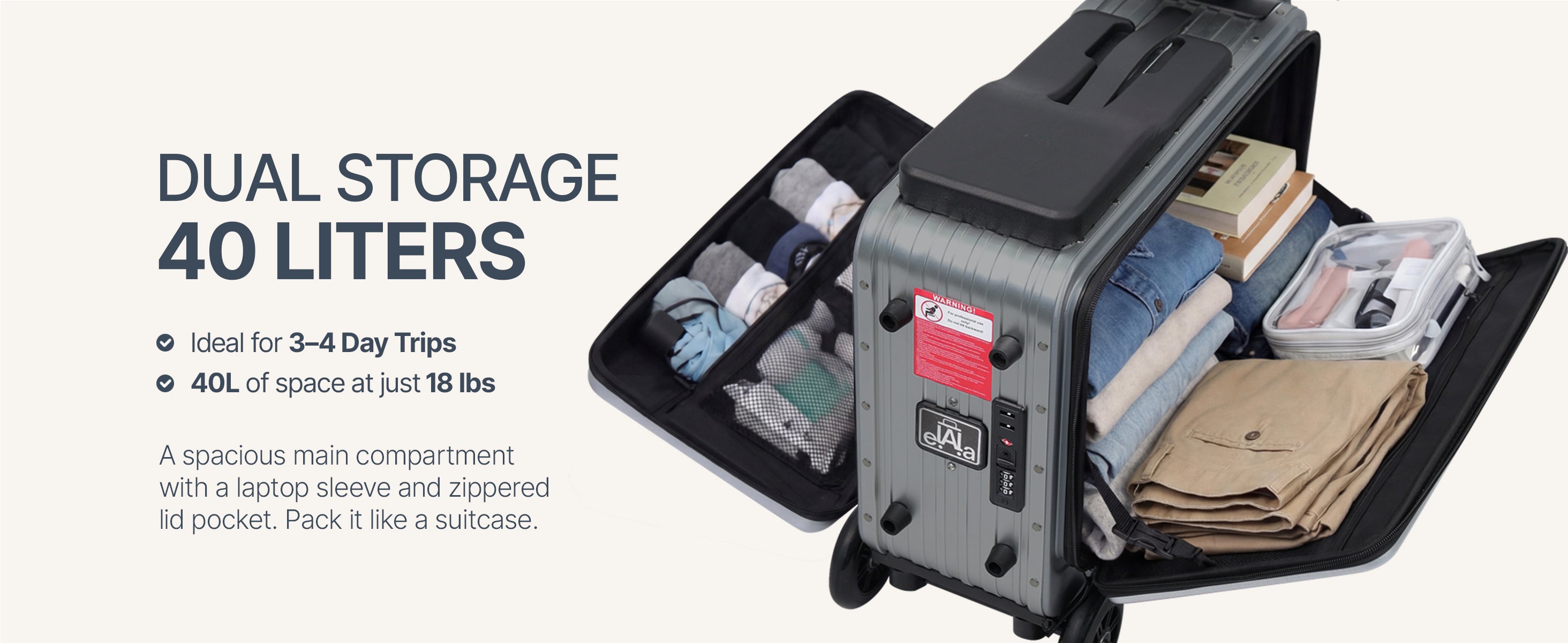 Elala Lite open showing 40L dual storage compartments with laptop sleeve and zippered lid pocket, packed for a 3–4 day trip.