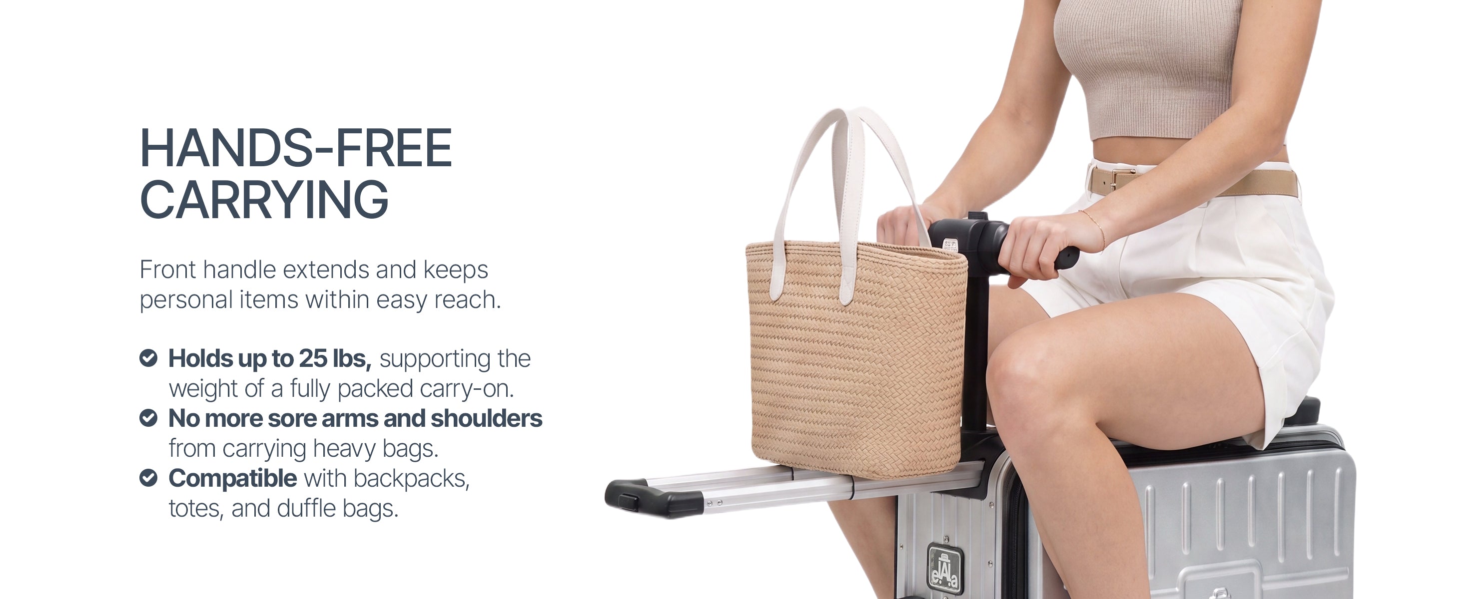 Woman riding Elala Lite with a woven tote bag resting on the extended front handle, which holds up to 25 lbs.