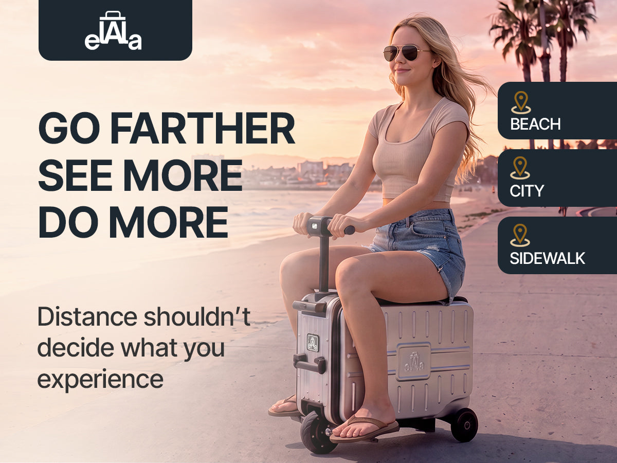 Woman riding Elala Lite electric suitcase scooter along a beach boardwalk at sunset, with Beach, City, and Sidewalk location tags.