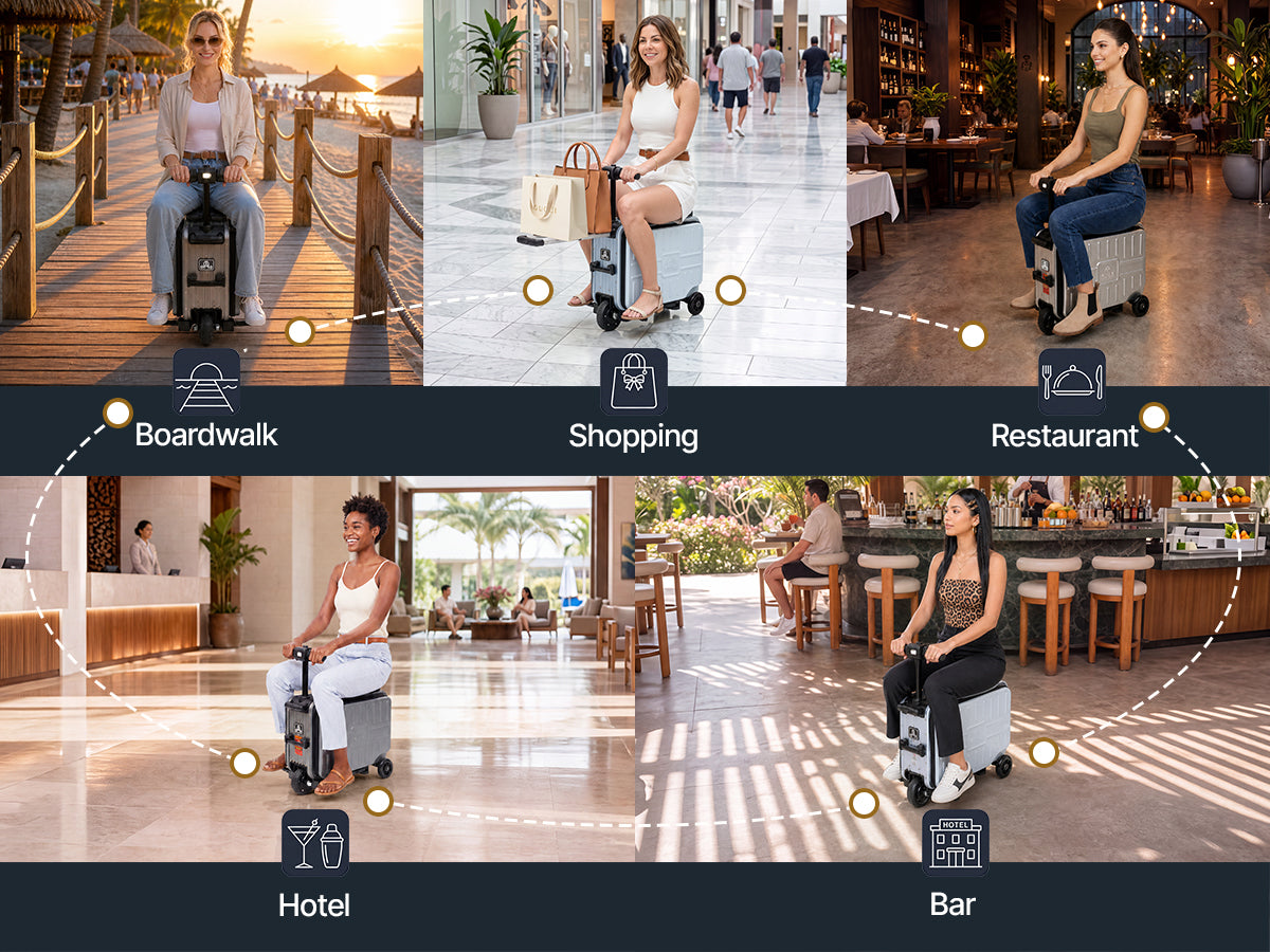 Five lifestyle scenes of women riding Elala Lite at a boardwalk, shopping mall, restaurant, bar, and hotel.