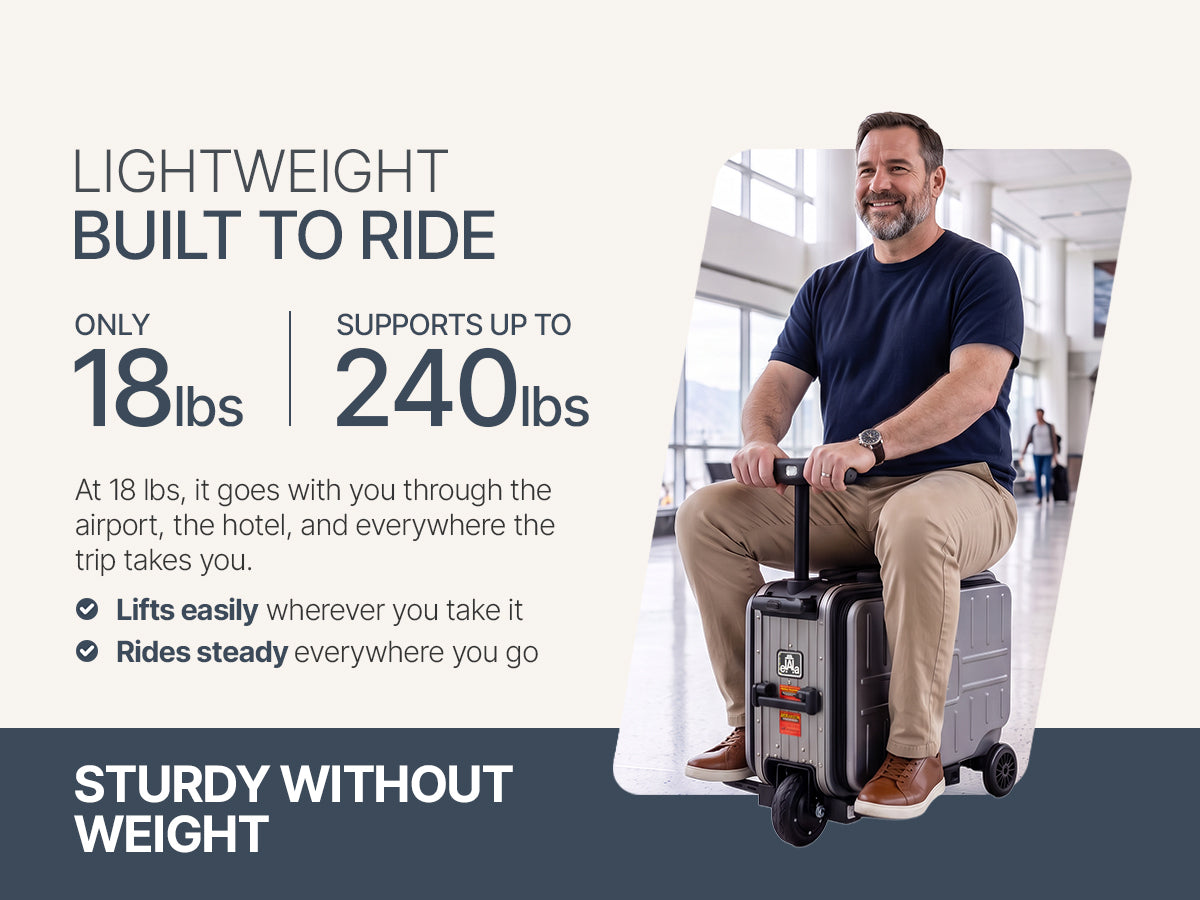 Elala Lite weighs only 18 lbs and supports up to 240 lbs. Man seated on Lite at airport alongside man loading it into an airplane overhead bin.