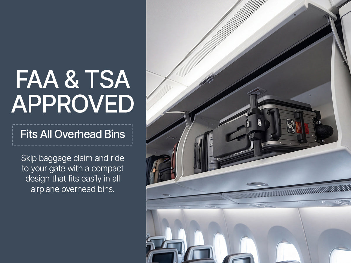 Elala Lite stored in airplane overhead bin. FAA and TSA approved with a compact carry-on design that fits all overhead bins.