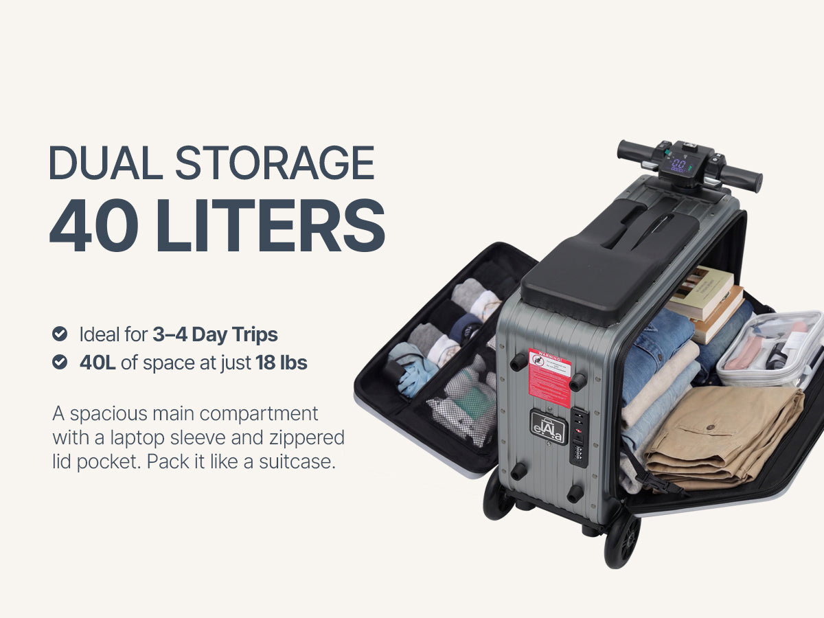 Elala Lite open showing 40L dual storage compartments with laptop sleeve and zippered lid pocket, packed for a 3–4 day trip.