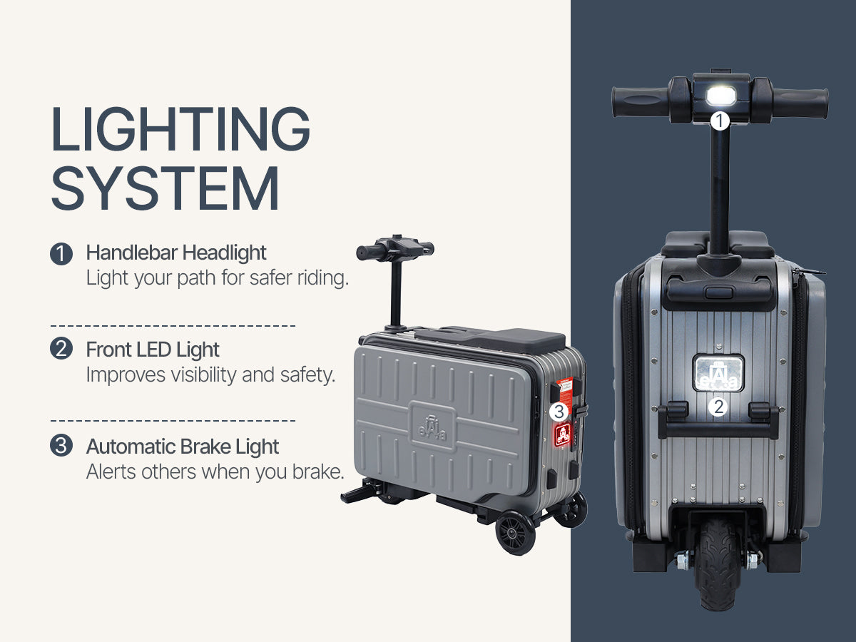 Elala Lite lighting system: handlebar headlight for safer riding, front LED light for visibility, and automatic brake light.