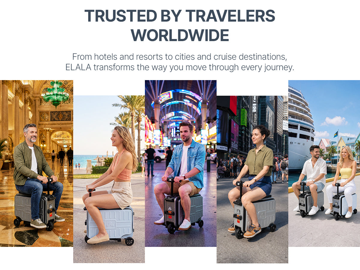 Collage of Elala Lite riders at a luxury hotel lobby, beach boardwalk, Las Vegas Strip, Times Square, and Nassau cruise port.