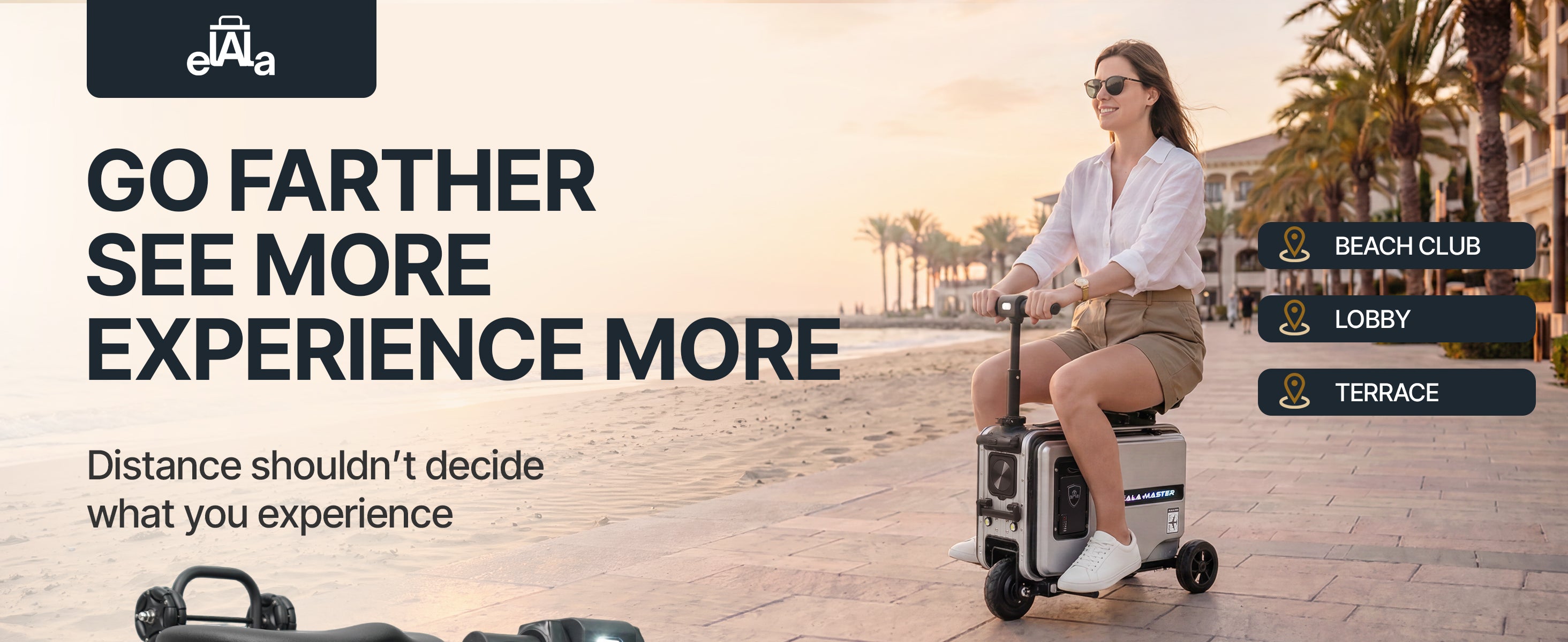 Woman rides Elala Master electric suitcase scooter along beachside promenade at sunset.