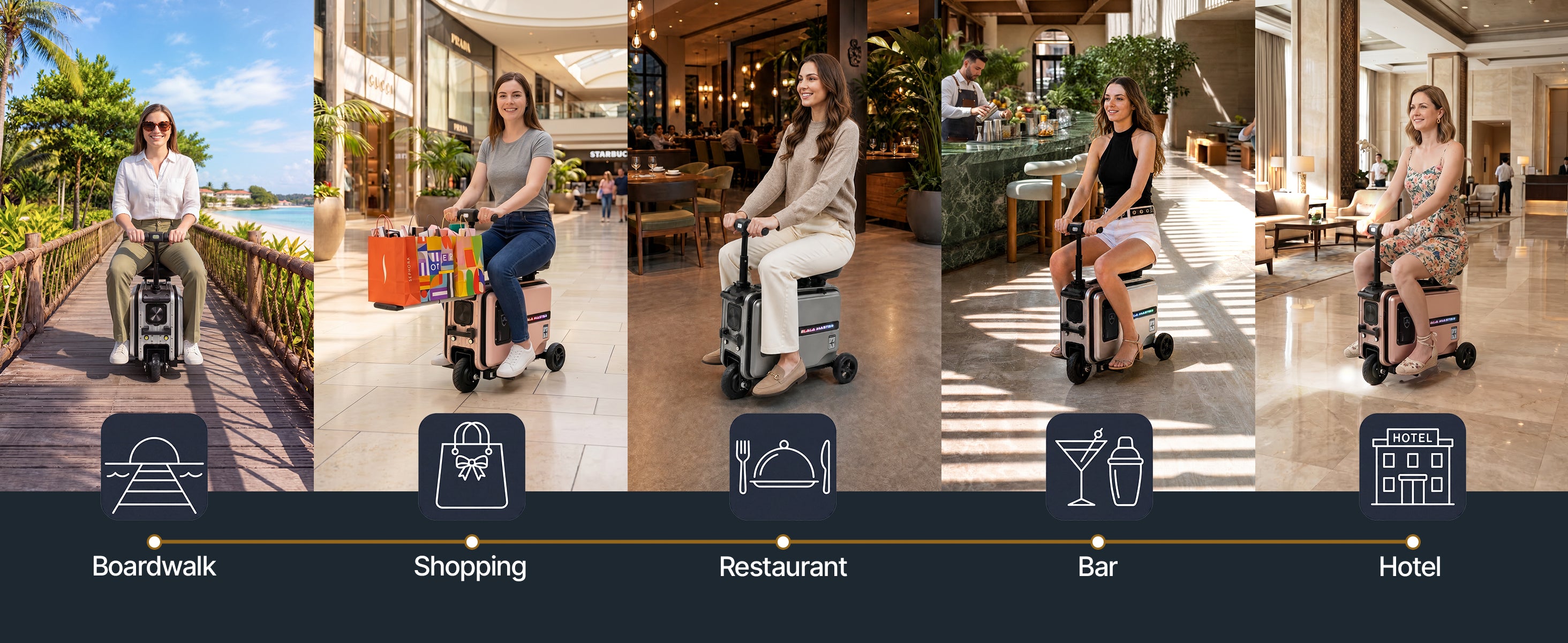 Five lifestyle scenes of women riding Elala at boardwalk, mall, restaurant, bar, hotel.