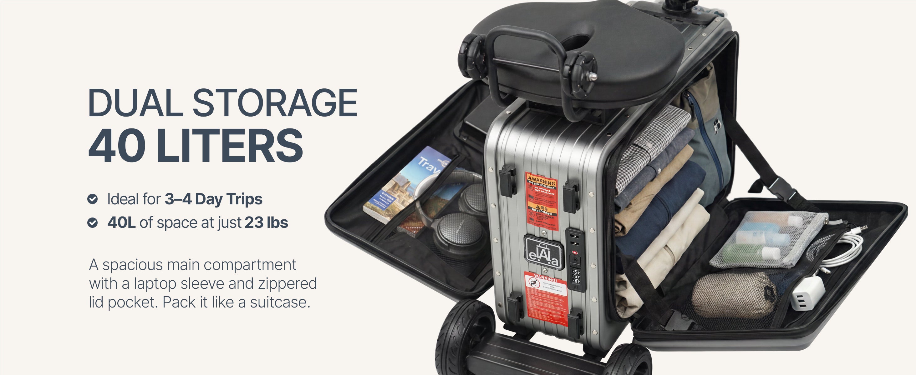 Elala Master open like a suitcase showing 40L dual storage compartments packed with gear.