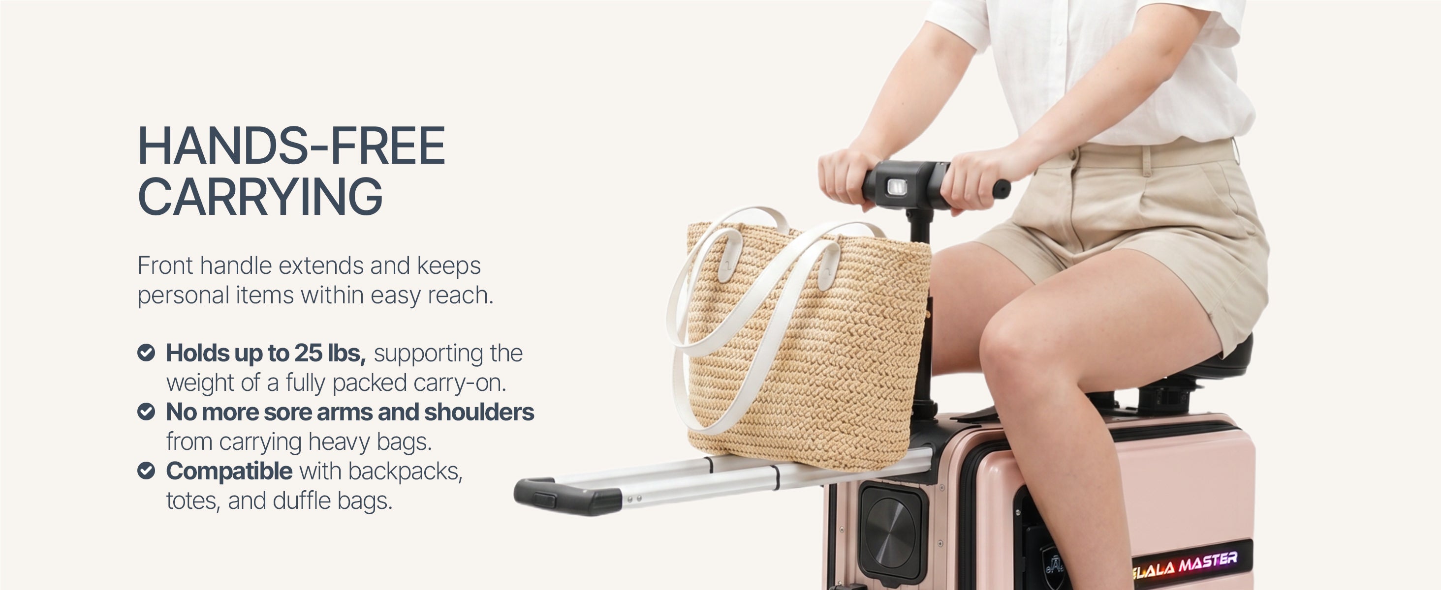 Woman riding rose gold Elala Master with tote bag resting on top of the extended front handle.