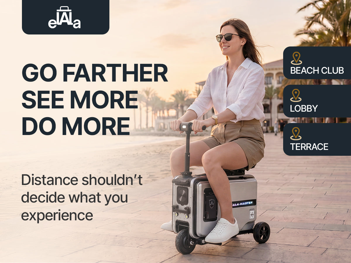 Woman rides Elala Master electric suitcase scooter along beachside promenade at sunset.