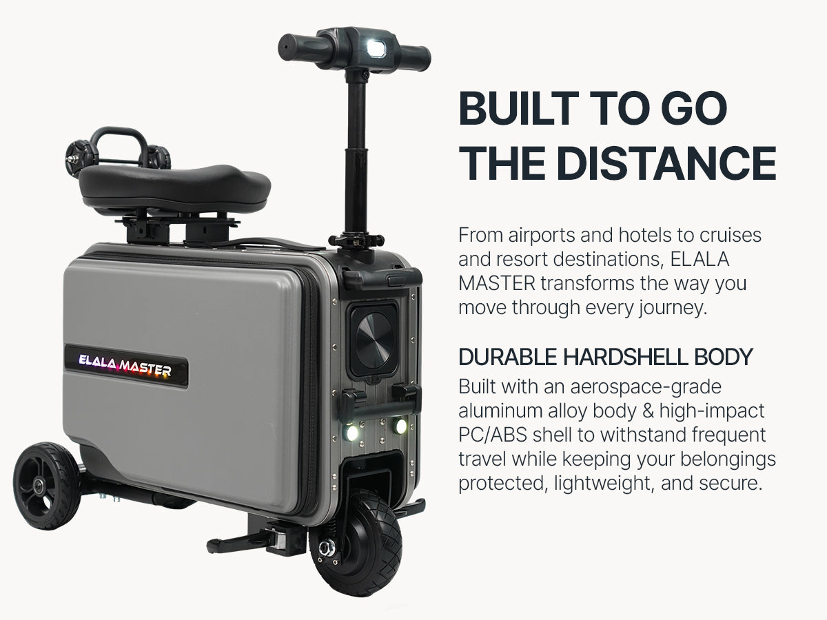 Elala Master hardshell body shown from rear angle with large wheel and LED lights.