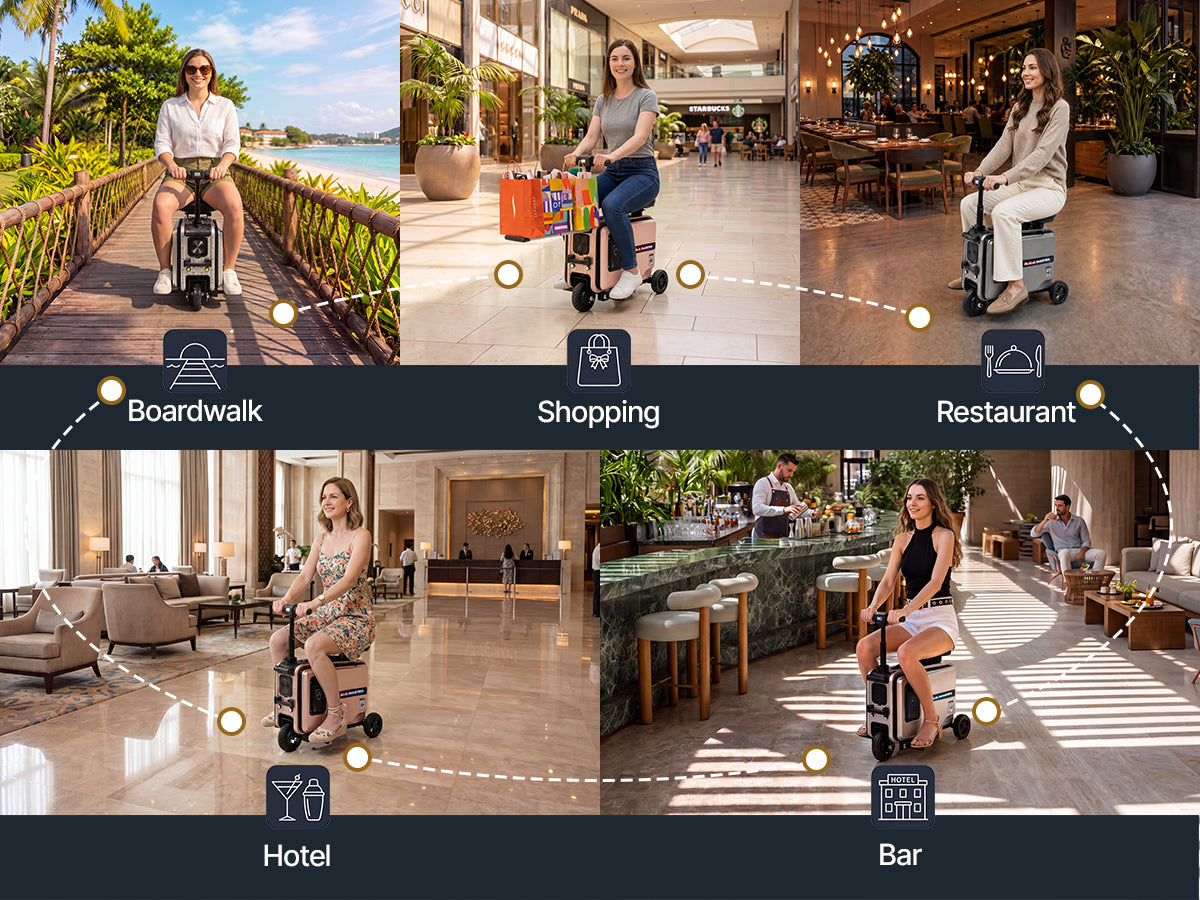 Five lifestyle scenes of women riding Elala at boardwalk, mall, restaurant, bar, hotel.