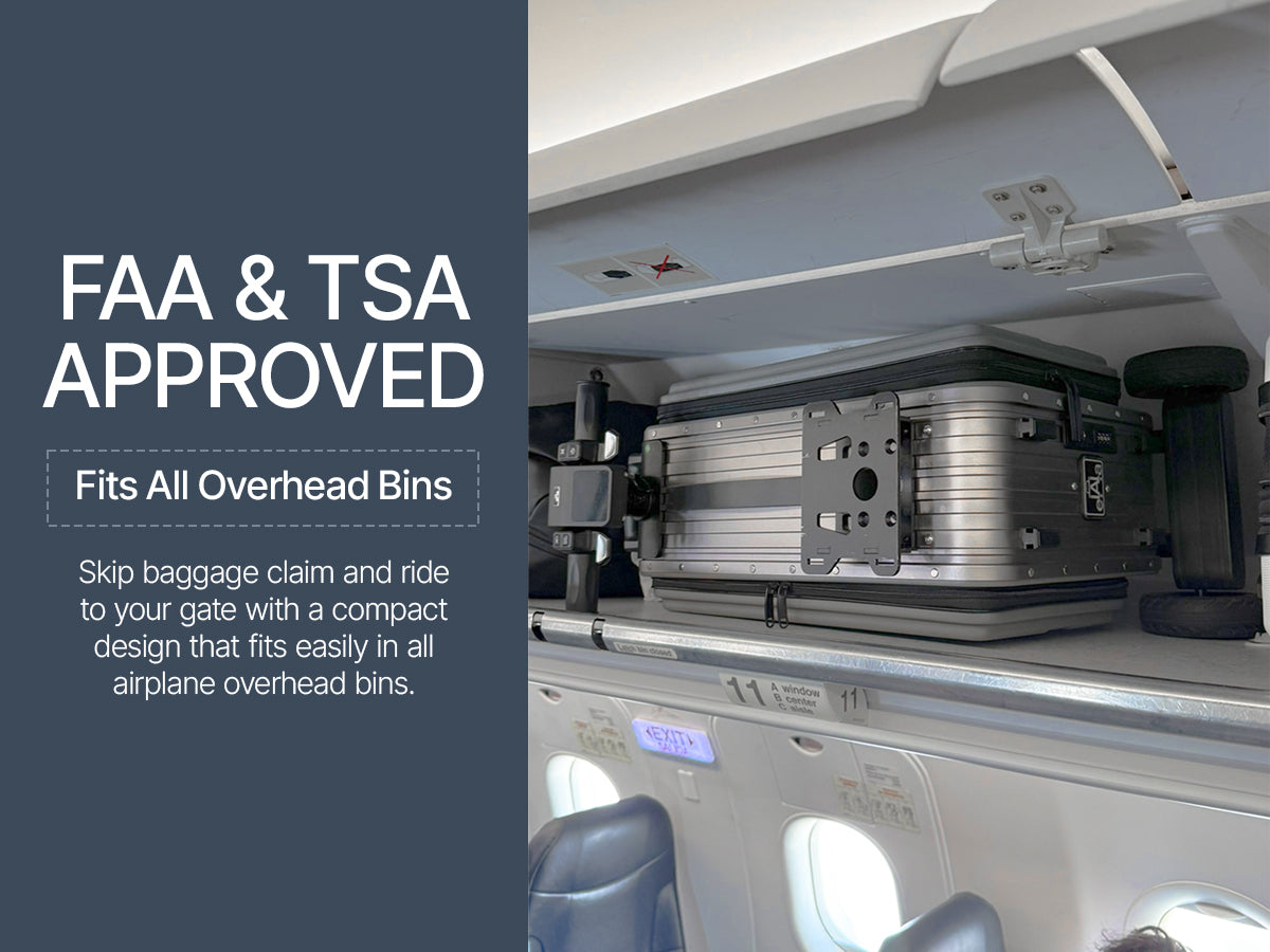 Elala Master stored flat in airplane overhead bin. FAA and TSA approved, carry-on size.