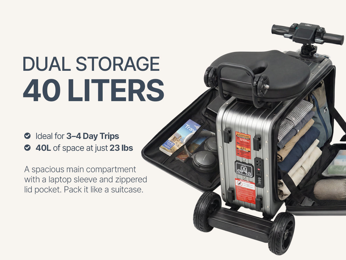 Elala Master open like a suitcase showing 40L dual storage compartments packed with gear.
