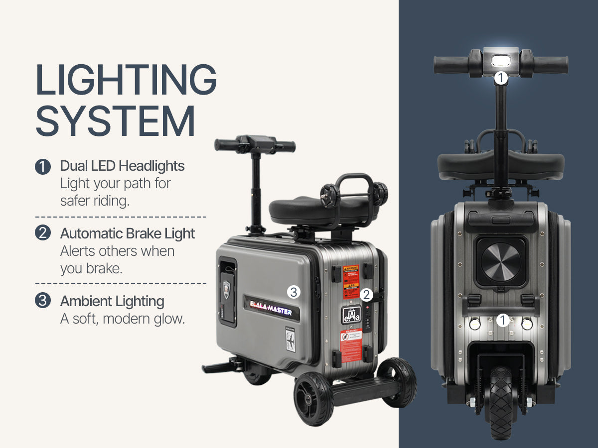 Elala Master lighting: dual LED headlights, automatic brake light, and ambient glow.