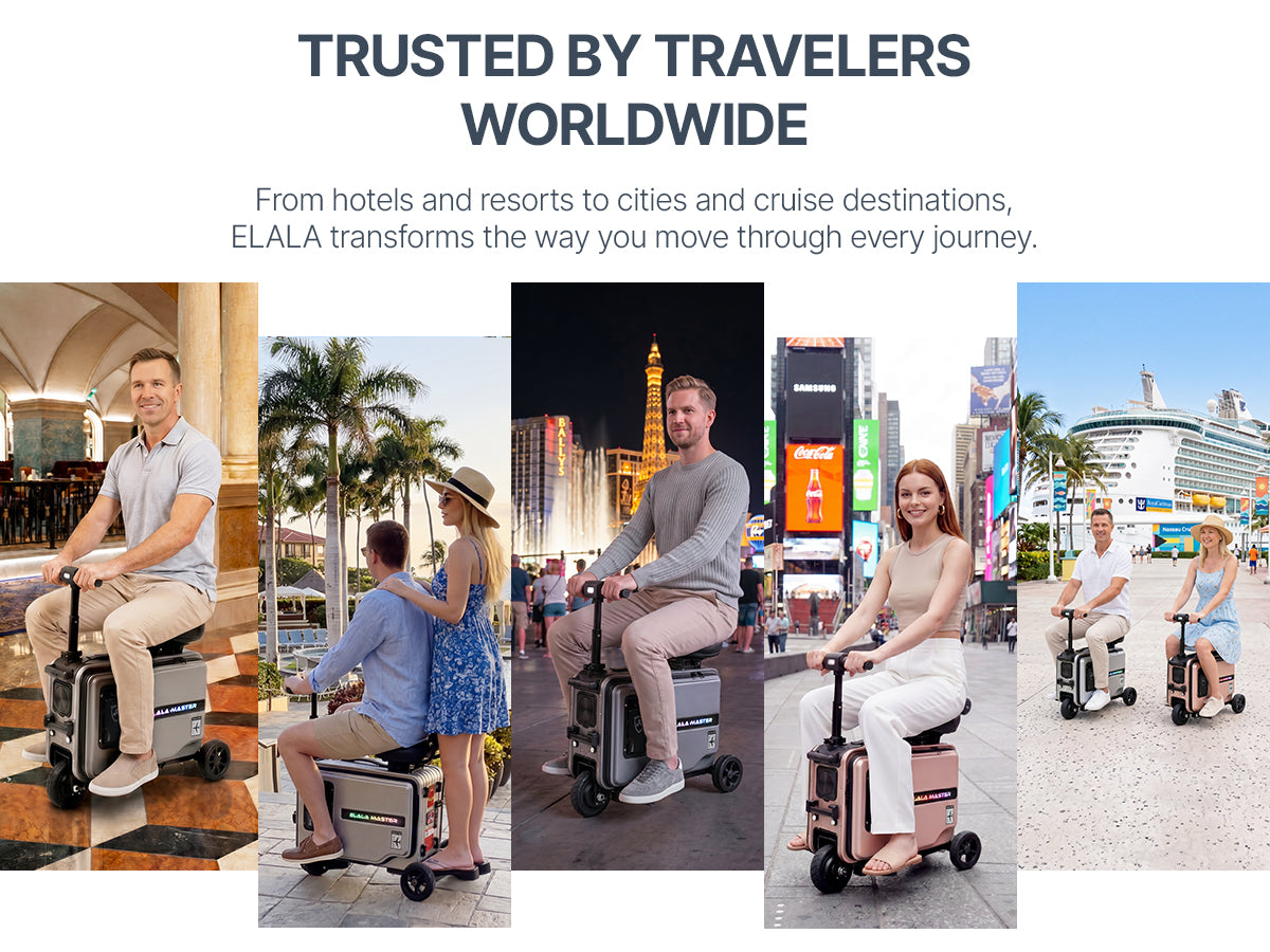 Collage of Elala riders at hotels, Las Vegas, Times Square, Nassau cruise port, and a resort.