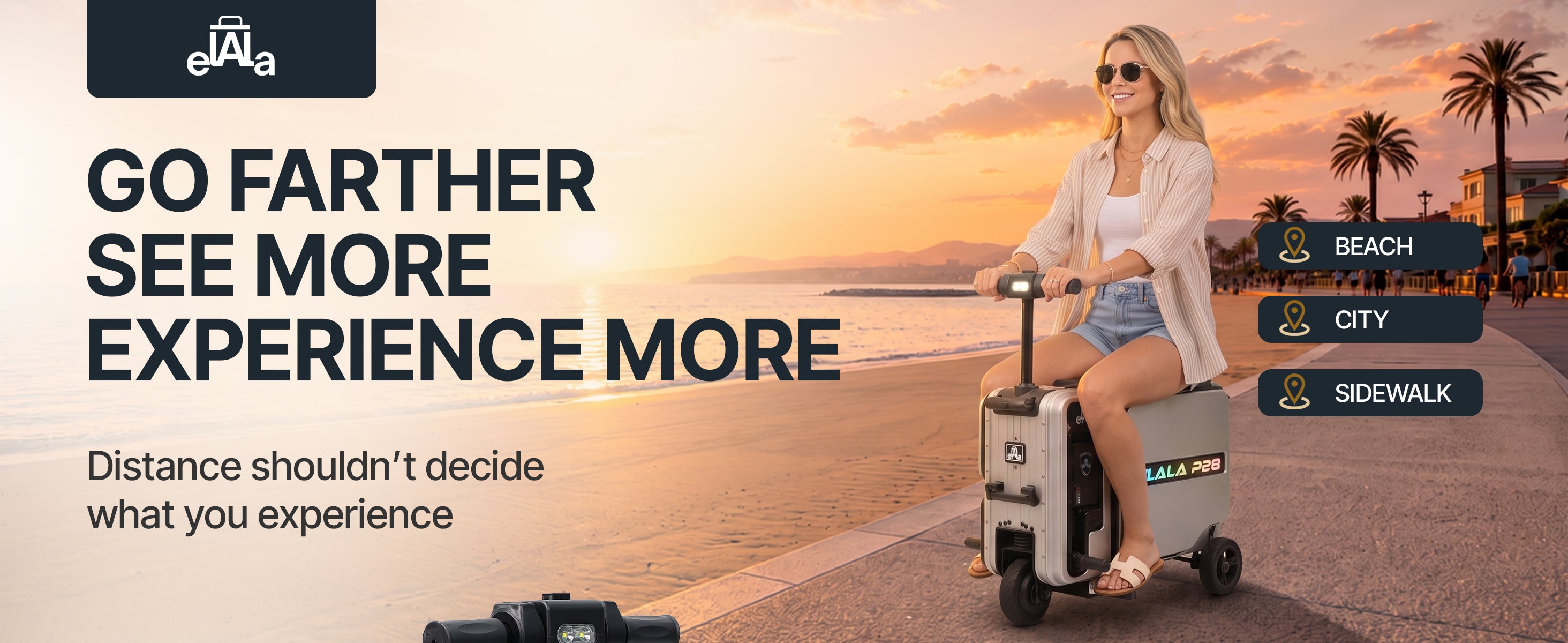 Woman riding the Elala P28 electric suitcase along a beachfront promenade at sunset.