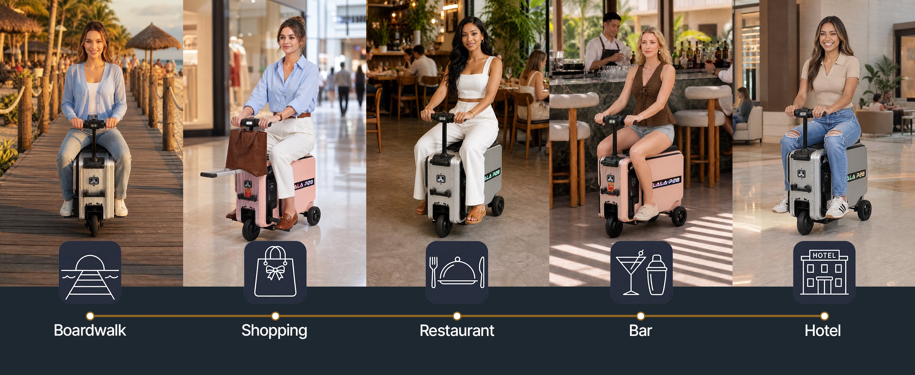 Five women riding the Elala P28 at a boardwalk, mall, restaurant, bar, and hotel lobby.