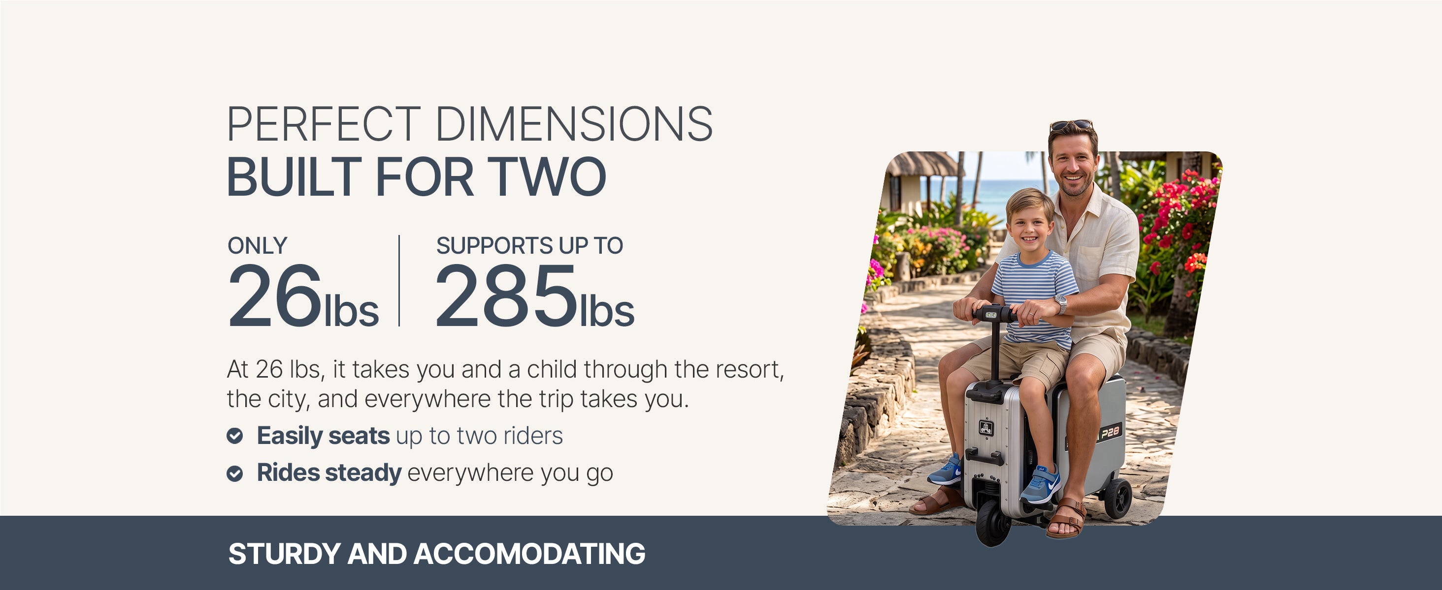 Father and son riding together on the Elala P28 along a resort path, two-rider capacity.