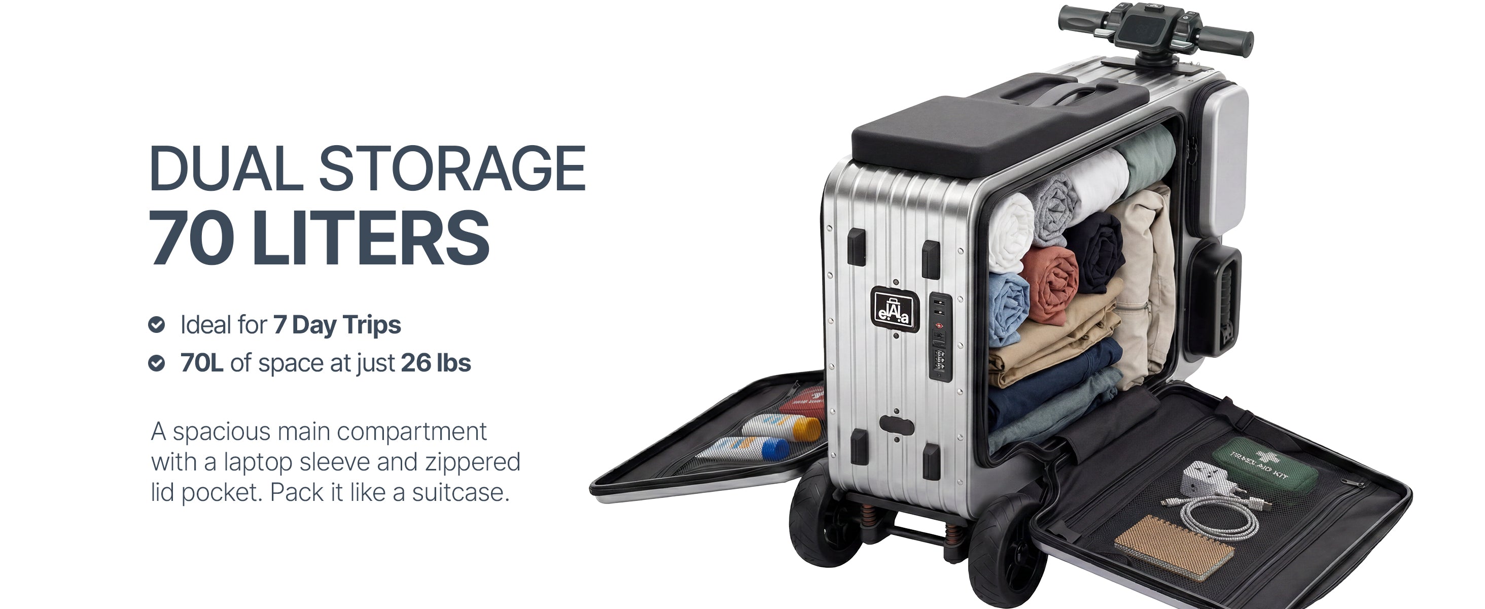 Elala P28 opened to show its 70-liter compartment packed with clothes and lid pocket.