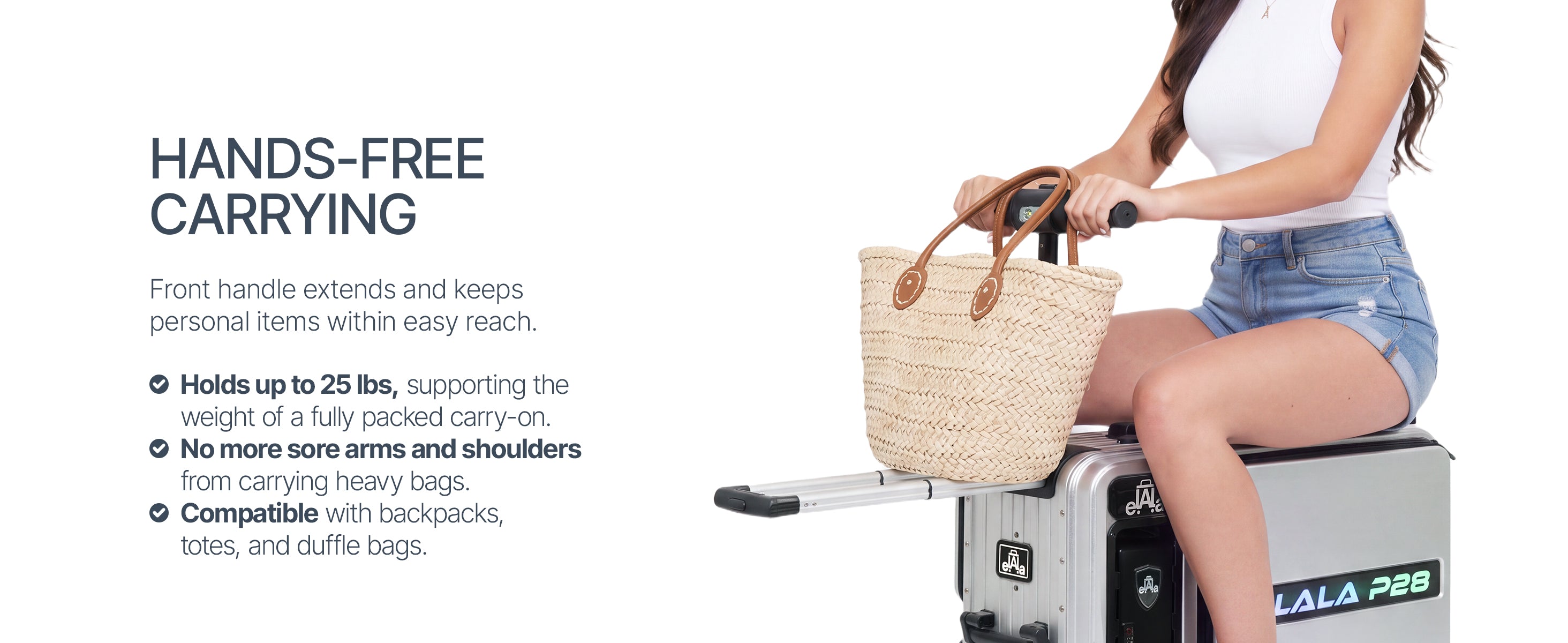Woman riding the Elala P28 while carrying a woven tote bag on its extended front handle.