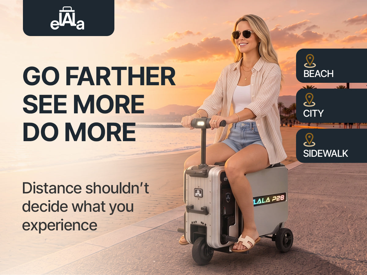 Woman riding the Elala P28 electric suitcase along a beachfront promenade at sunset.