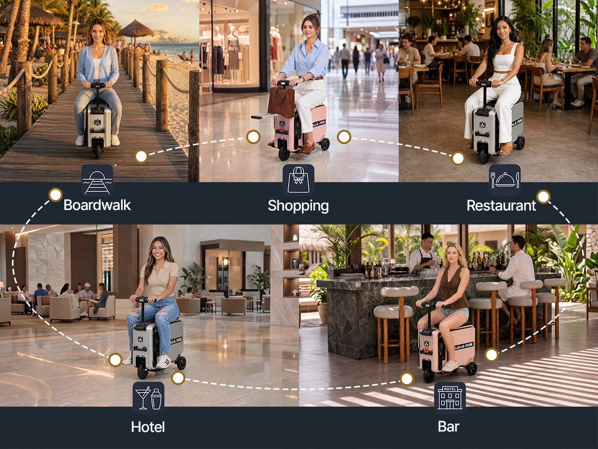 Five women riding the Elala P28 at a boardwalk, mall, restaurant, bar, and hotel lobby.