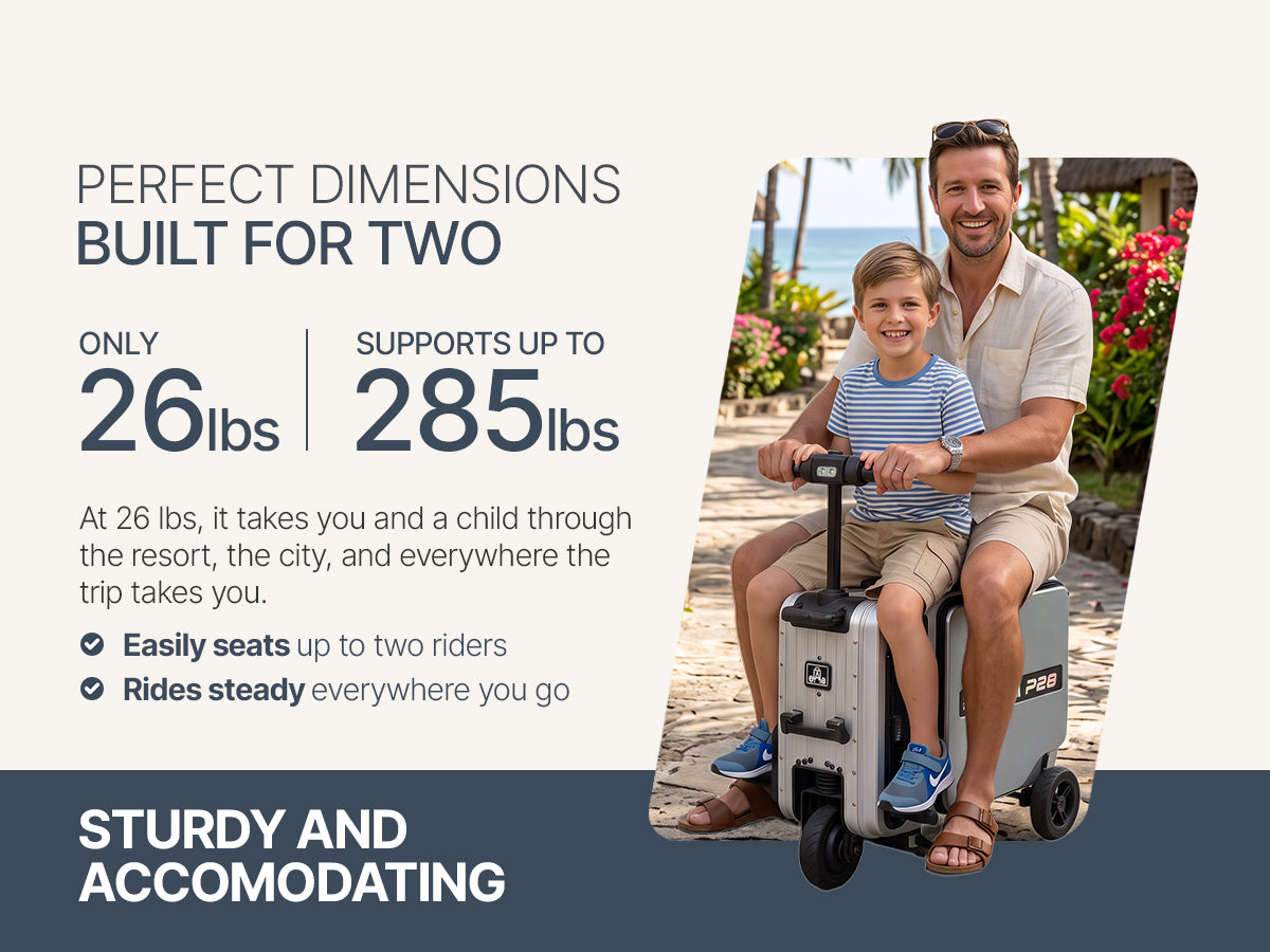 Father and son riding together on the Elala P28 along a resort path, two-rider capacity.