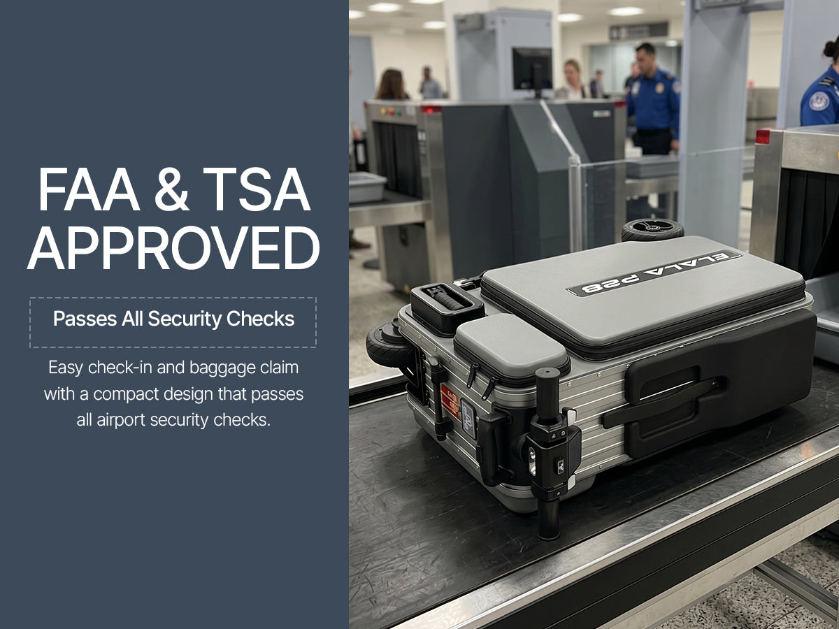 Elala P28 suitcase passing through airport TSA security, showing its FAA-approved design.