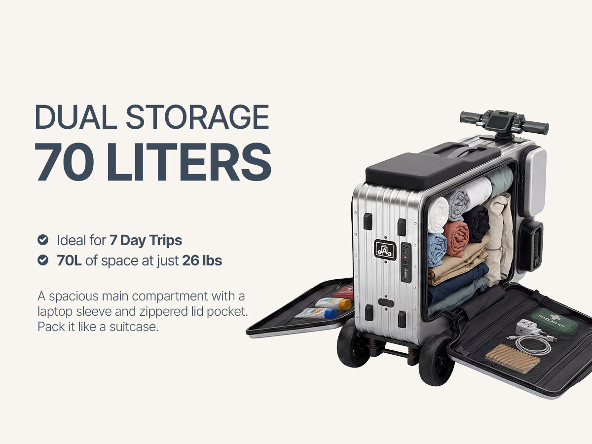 Elala P28 opened to show its 70-liter compartment packed with clothes and lid pocket.