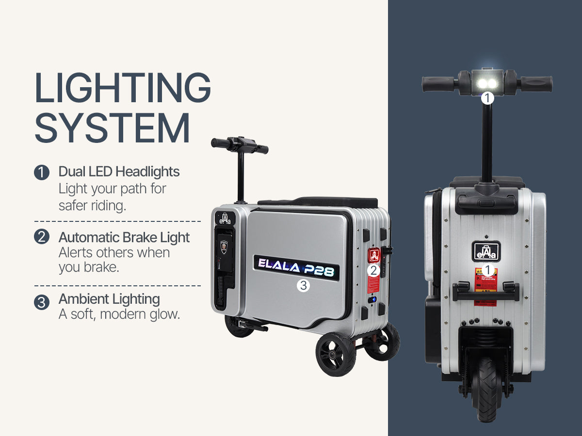 Close-up of the Elala P28 dual LED headlights, brake light, and illuminated logo lighting.