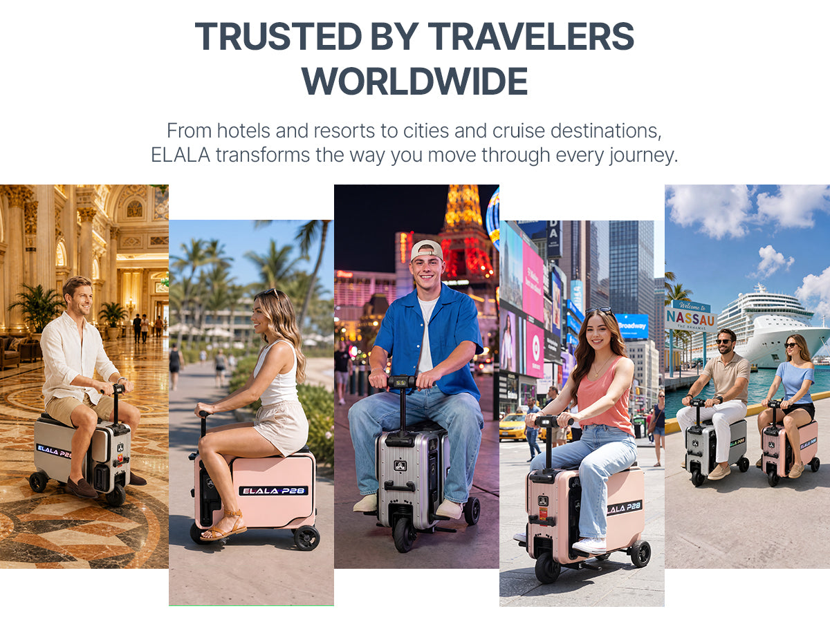 Five travelers riding Elala P28 suitcases in a hotel lobby, beach, Las Vegas, and Times Square.