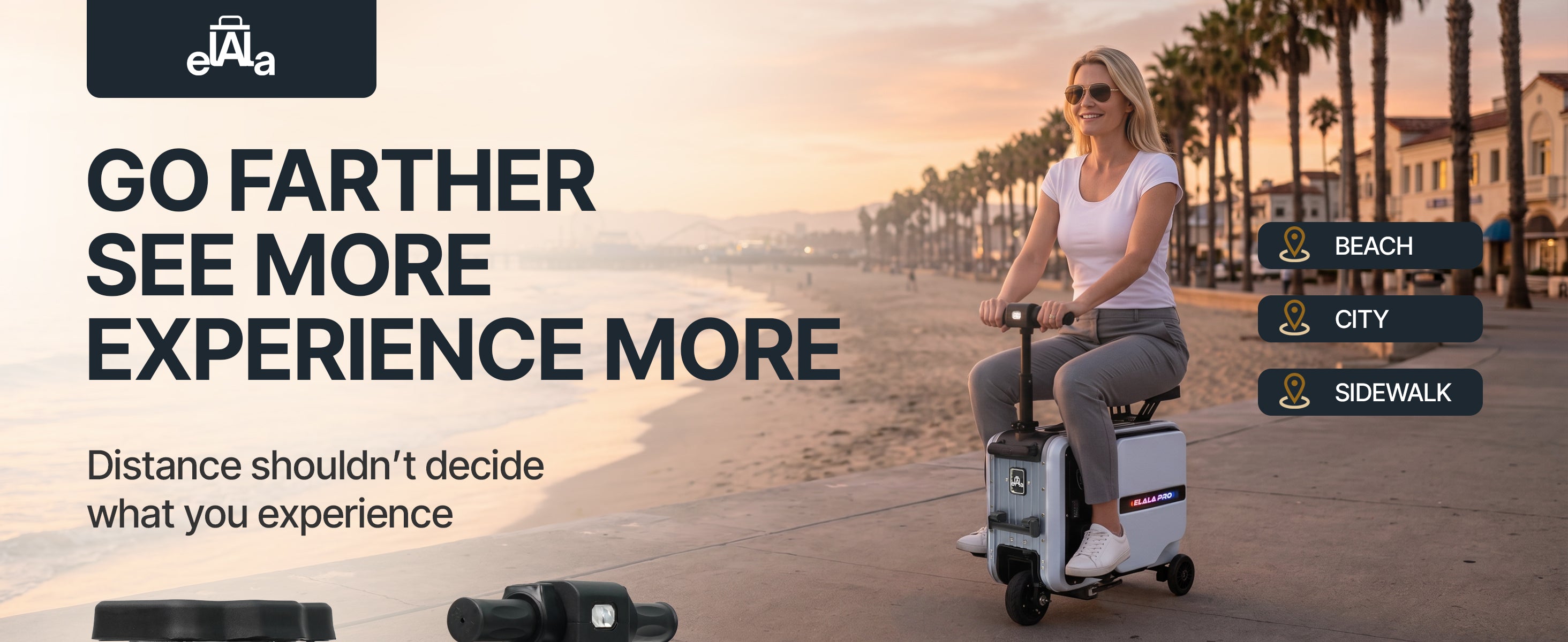 Woman rides Elala Pro electric suitcase scooter along a sunny beach boardwalk at sunset.
