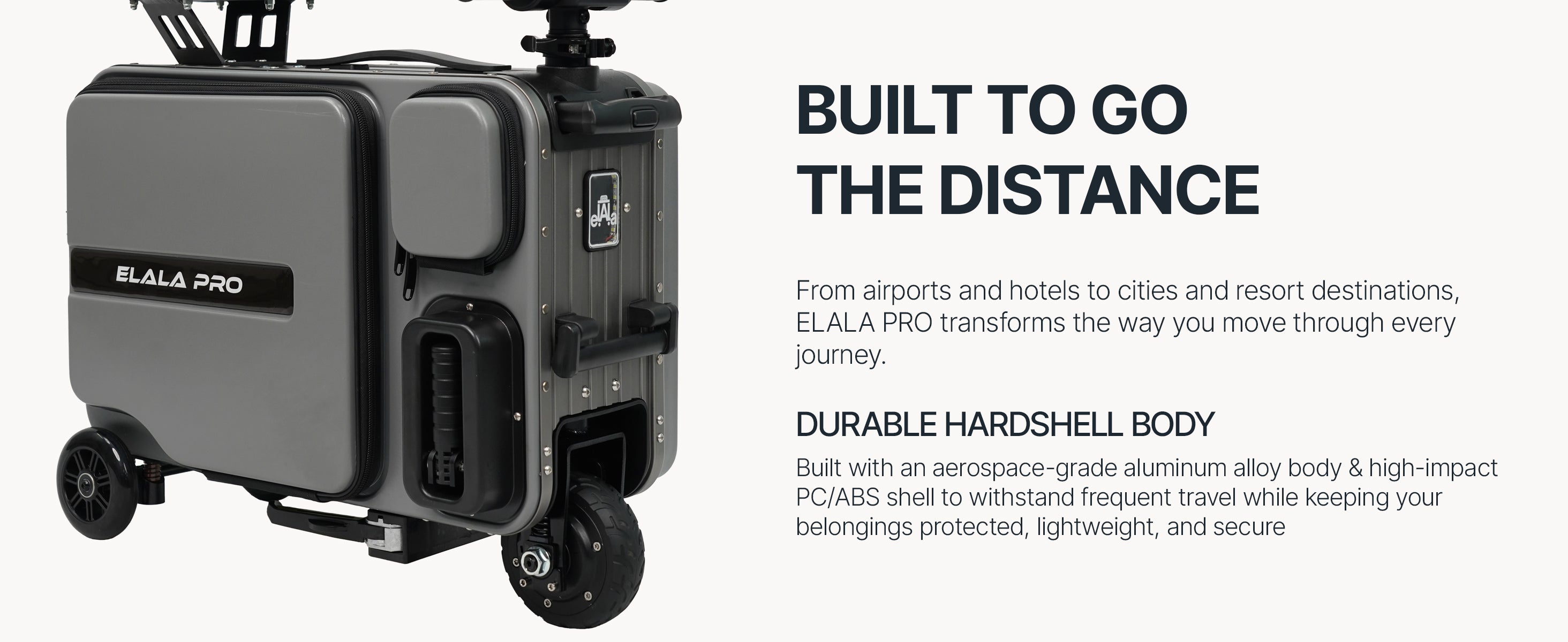 Elala Pro hardshell body from front angle showing front pocket and suspension system.