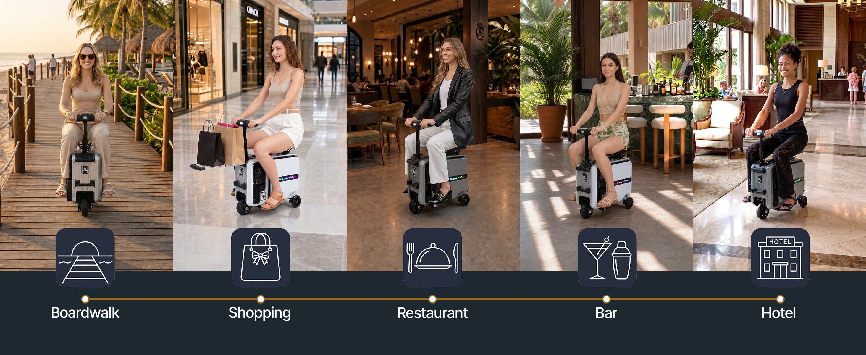 Five lifestyle scenes of women riding Elala Pro at boardwalk, mall, restaurant, bar, hotel.
