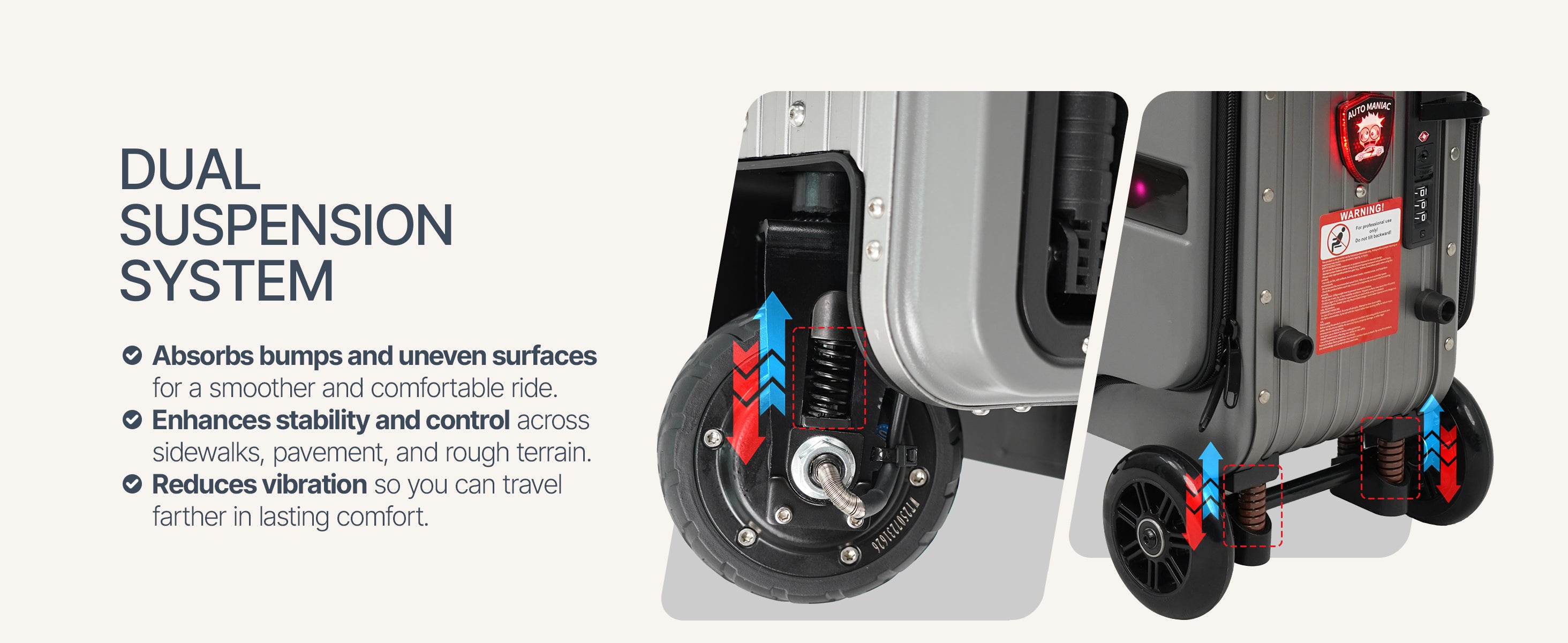 Elala Pro dual front and rear suspension close-up with motion arrows on both wheels.
