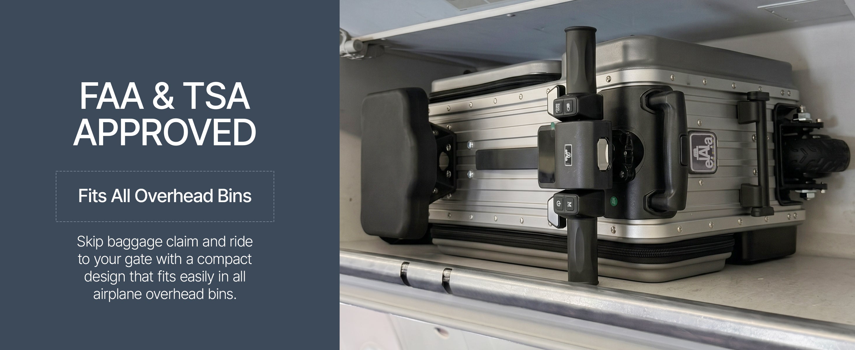 Elala Pro stored flat in airplane overhead bin. FAA and TSA approved, carry-on size.