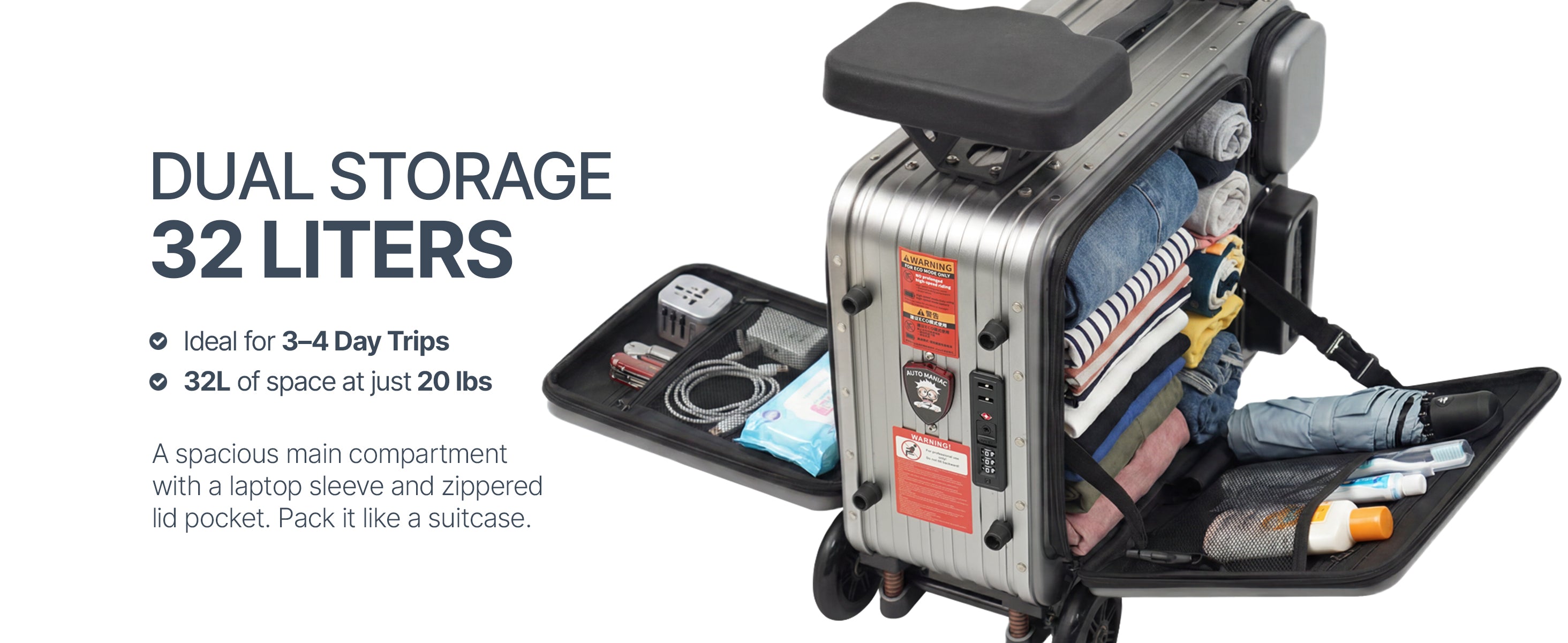 Elala Pro open like a suitcase showing 32L dual storage compartments packed with gear.
