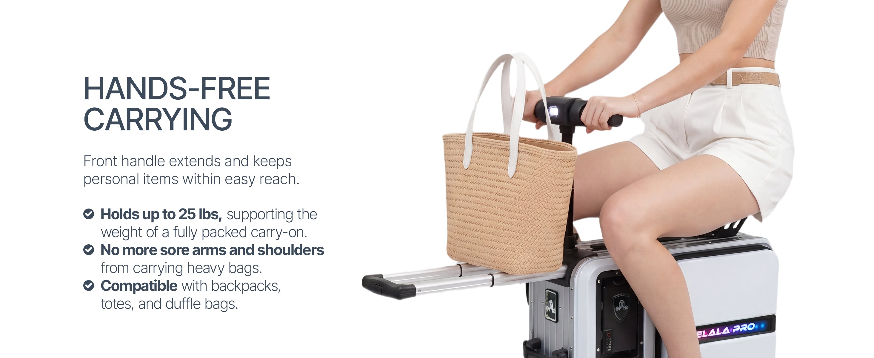 Woman riding Elala Pro with tote bag resting on top of the extended front handle.
