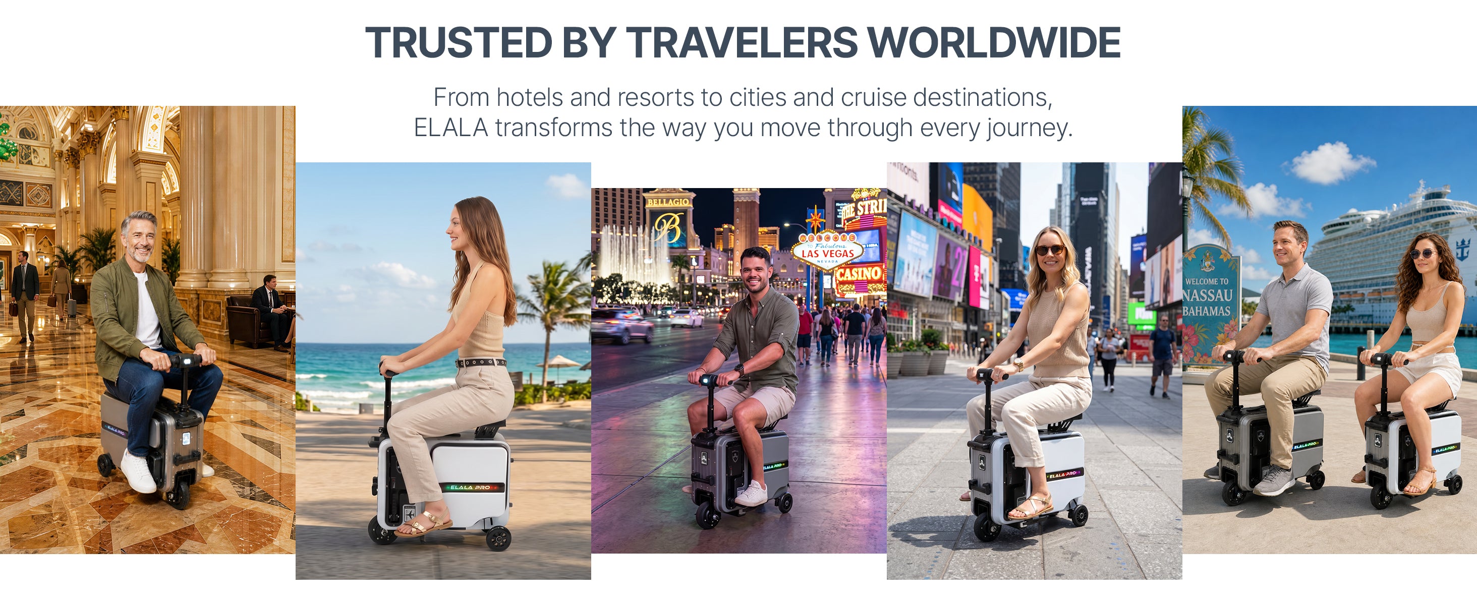 Collage of Elala Pro riders at luxury hotel, beach resort, Las Vegas, Times Square, Nassau.