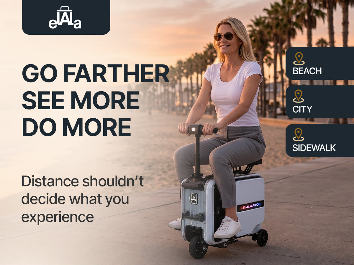 Woman rides Elala Pro electric suitcase scooter along a sunny beach boardwalk at sunset.