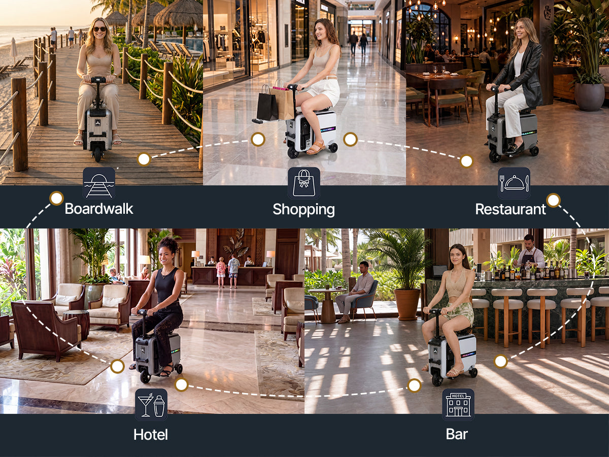 Five lifestyle scenes of women riding Elala Pro at boardwalk, mall, restaurant, bar, hotel.