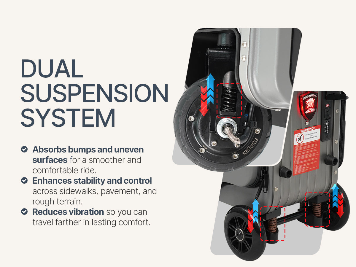 Elala Pro dual front and rear suspension close-up with motion arrows on both wheels.