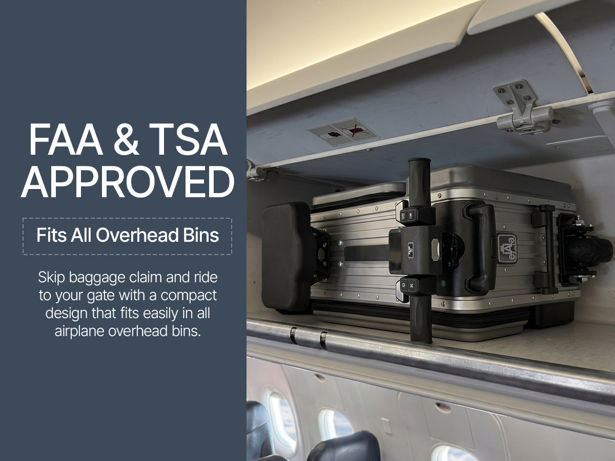 Elala Pro stored flat in airplane overhead bin. FAA and TSA approved, carry-on size.