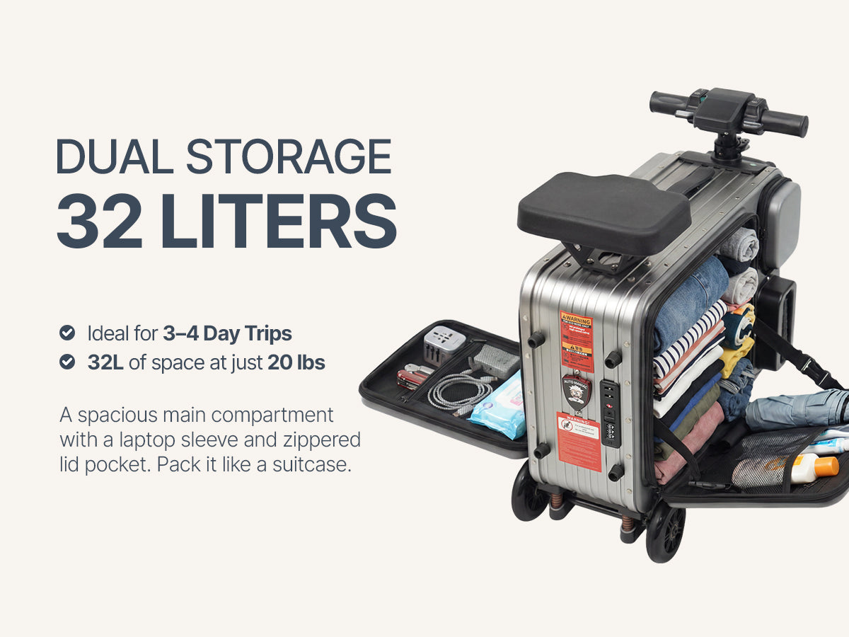 Elala Pro open like a suitcase showing 32L dual storage compartments packed with gear.