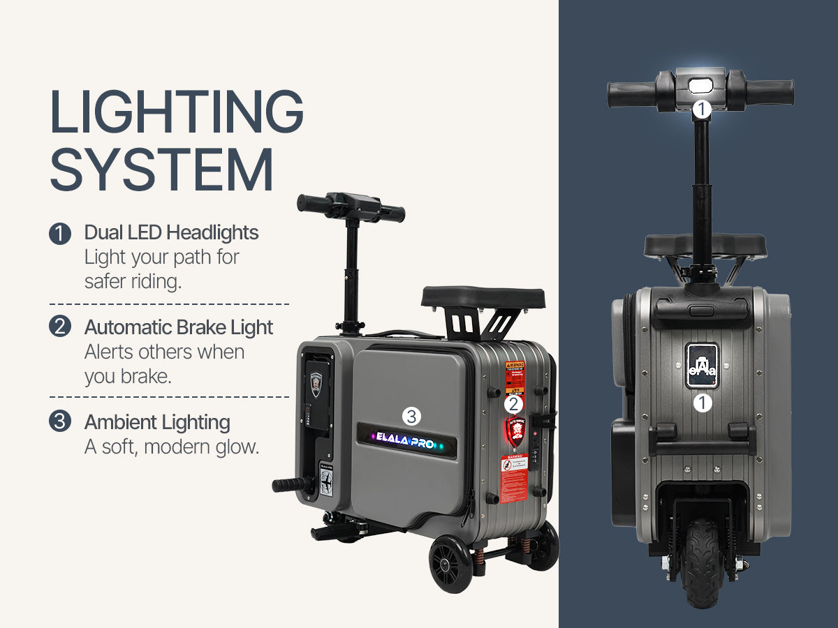 Elala Pro lighting: dual LED headlights, automatic brake light, and ambient glow.